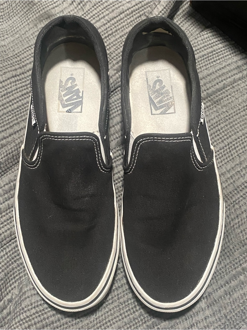 Vans Black Canvas Slip-On Loafers with White Trim